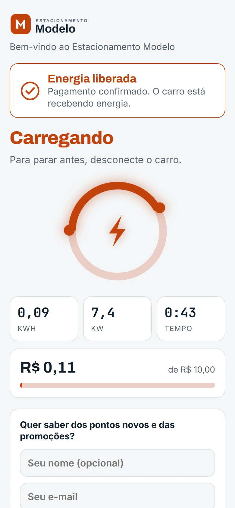 A página no celular do motorista: energia liberada, pagamento confirmado e o valor consumido até agora.