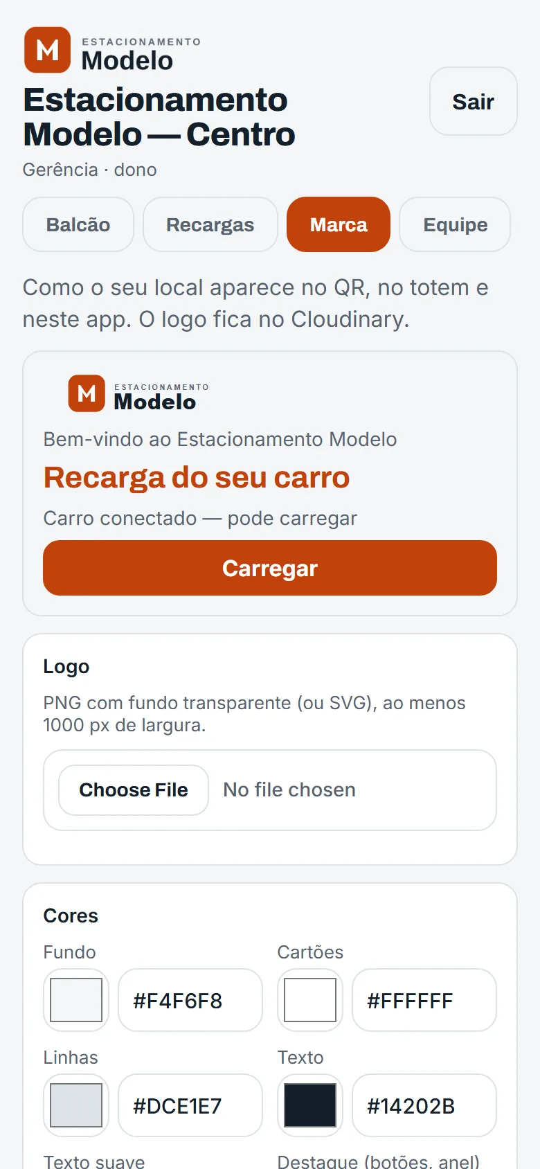 Painel do dono, aba Marca: prévia de como o local aparece e o envio do logo.
